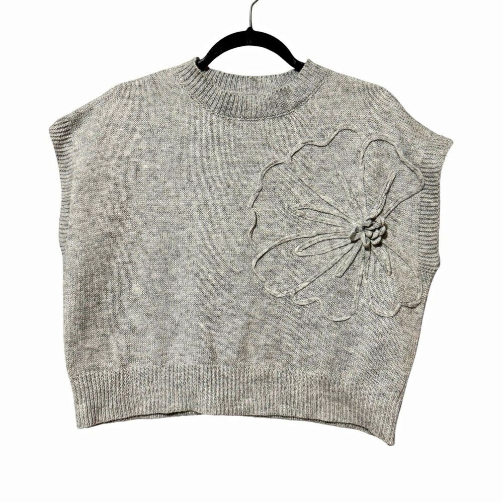 SHEIN Gray 3D Flower Appliqué Sleeveless Oversized Sweater Vest Size M